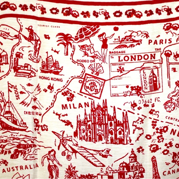 Tory Burch "Destination" Oversized Square Scarf Silk & Linen Ivory Red - Picture 3 of 6